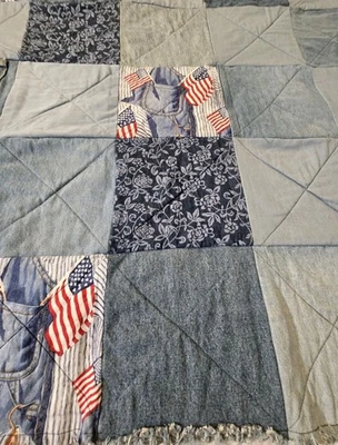 Handmade Denim Rag Quilt Throw 67x69 – Upcycled Jeans, Pockets, Patriotic Square - Image 1 of 4