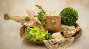 Vtg Wood Dough Bowl Centerpiece - Vignette w  Salvage Spindle Floral Table Decor - Picture 1 of 24