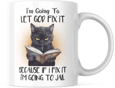 Caneca God Let Fix Going Jail Funny I'm Because Cat Christian presente engraçado - Imagem 1 de 4