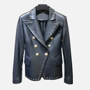 Womens Lambskin Leather Coat Hand Stitched Lapels Gold Buttons Vintage Black XL - Picture 1 of 3