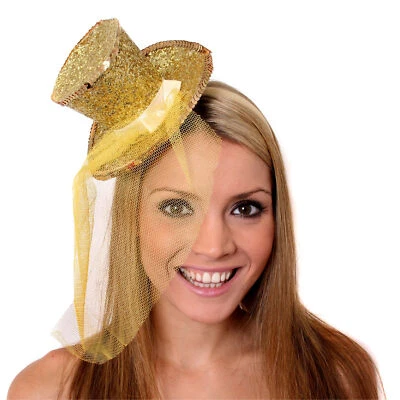 CHRISTMAS GOLD MINI TOP HAT NET GLITTER FASCINATOR FANCY DRESS ACCESSORY LOT - Image 1 of 4