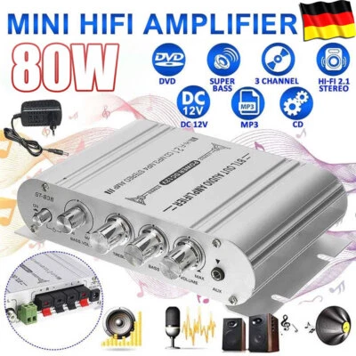 80W Hifi Verstärker Stereo 2.1 Kanal Endstufe Auto Amplifier MP3 DVD Aluminum - Bild 1 von 4