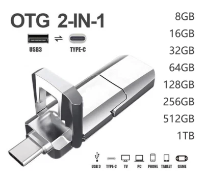 Metal 2TB 1TB 256/512GB USB 3.0 Type C Flash Drive Memory Stick For Android PC - Image 1 of 4