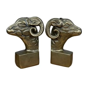 Vintage Heavy Rams Head Brass Bookends Approx 6 1/4" Tall MCM Hollywood Regency - Picture 1 of 15