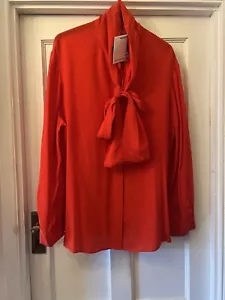 New AUTOGRAPH M&S Tomato Red Silk Mix Pussy Bow Long Sleeve Blouse Shirt,UK 14 - Picture 1 of 11