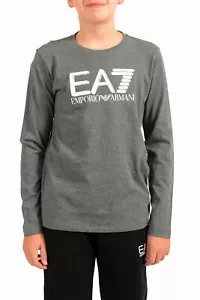 Emporio Armani EA7 Boys Gray Long Sleeve Logo Print Crewneck T-Shirt - Picture 1 of 6