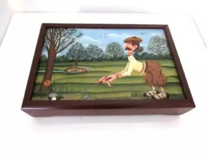 Old English Gentleman Playing Golf Storage Wood Box - Picture 1 of 10
