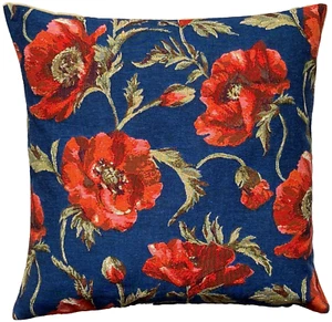 POPPIES WITH BLUE BACKGROUND 18" 46CM BELGIAN TAPESTRY CUSHION PILLOW COVER, ZIP - Picture 1 of 6