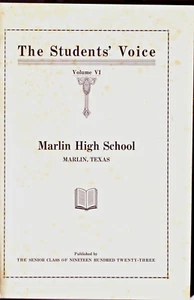 Anuario de escuela secundaria Marlin 1923 THE STUDENTS' VOICE - Marlin, Texas - Imagen 1 de 6