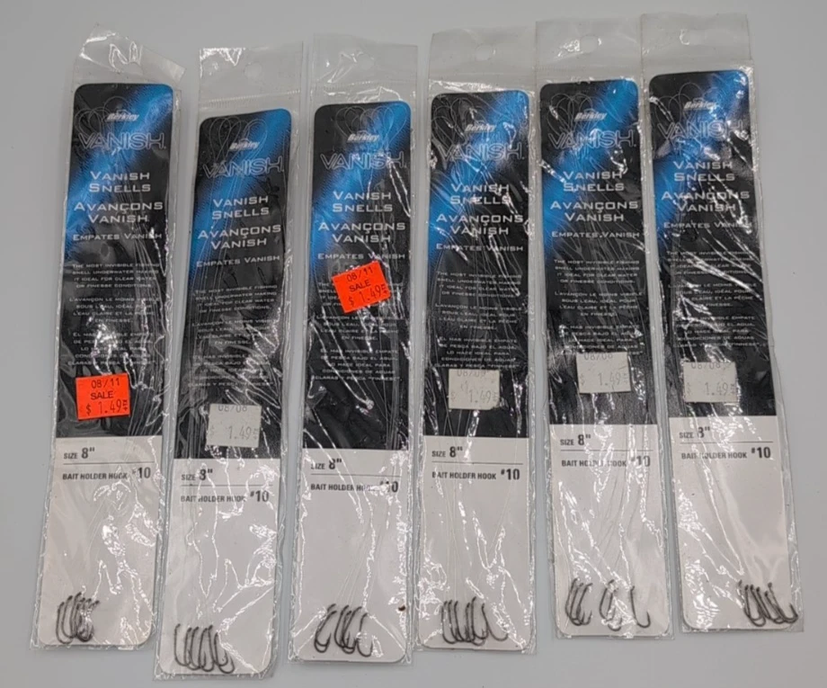 Lote de 6 - Ganchos para soporte de cebo Berkley Vanish Snell #10 - 8 pulgadas Leader - Paquete de 6 Foto 1 de 4