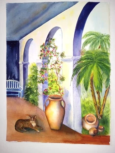 Quadro acquerello originale firmato NANCY SANTOS gatto ceramica archi scena esterna - Foto 1 di 5