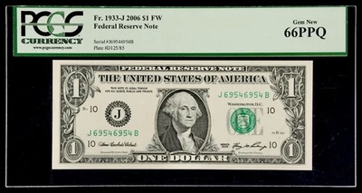 REPEATER FANCY SERIAL NUMBER J69546954B 2006 $1 Dollar FRN Kansas PCGS 66 PPQ - Image 1 of 2