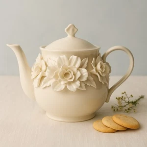 I. Godinger & Co. "Rosmarin" 4 Tassen weiß Teekanne Deckel applizierte Rosen, 8x7,5" - Bild 1 von 15