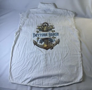 Biker Wear USA White Sleeveless Button Down Shirt Daytona Beach Logo Size 2XL - Bild 1 von 8