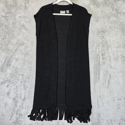 Chicos Travelers Vest Womens Size Small Black Open Front Long Fringe Hem Duster - Image 1 of 4