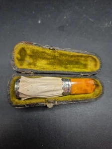 Antique Sterling Silver Banded Amber Cigar Cheroot Holder In Case Chester 1897 - Picture 1 of 7