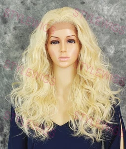 Bleichmittel blond lang weich gewellt Locken Hitze OK Lace Front Echthaar Mischung Perücke EVFO - Bild 1 von 7