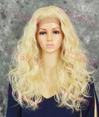 Bleach Blonde Long Soft Wavy Curls Heat OK Lace Front Human Hair Blend Wig EVFO - Image 1 of 4