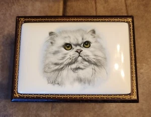 Vintage Jewelry Japanese Wooden Music Box w Porcelain Top Yellow Eye Cat Tested - Picture 1 of 14