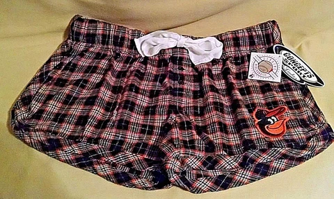 BALTIMORE ORIOLES SHORTS NEW LADIES FLANNEL SIZE MED DRAWSTRING PLAID BASEBALL Cover
