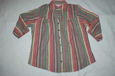 Camisa Mujer VERDE AZUL CORAL BEIGE Rayas Verticales BOTÓN ARRIBA MANGA 3/4 TALLA 2X Foto 1 de 3