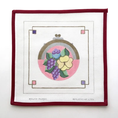 STUDIO 2 LTD. Handpainted Needlepoint Canvas Round Purse Grapes Pink 18 Mesh - Image 1 of 4
