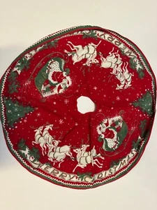 Vintage MCM 1950s Kitsch Flannel Felt Christmas Tree Skirt 34" Santa Reindeer - Picture 1 of 6