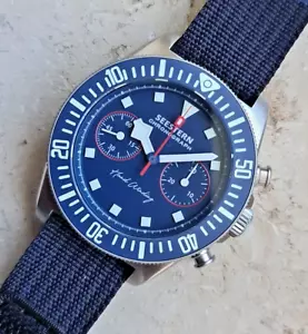 Seestern Chronograph Mechanisch Stahl Blau Saphir Herren Uhr mit NATO Band - Bild 1 von 7