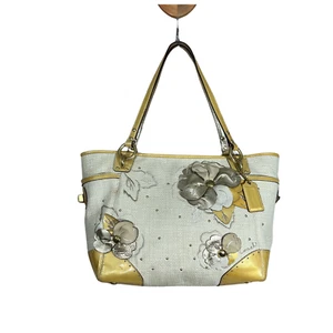 VTG Coach Hamptons Floral Straw Tote Bag Leather Trim Cream Gold Limited Edition - Picture 1 of 11