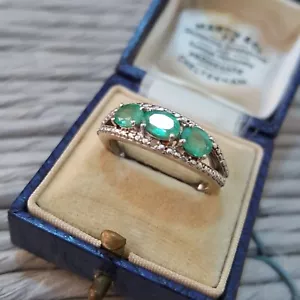 925 Sterling Silver Ring, Genuine Brazilian Emeralds, Size Q.5 US 8.25 - Picture 1 of 7