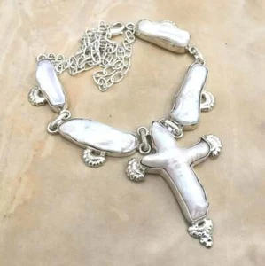 Handmade Raro Naturale Croce Biwa Perle 925 Argento Sterling Collana 21 " - Foto 1 di 1