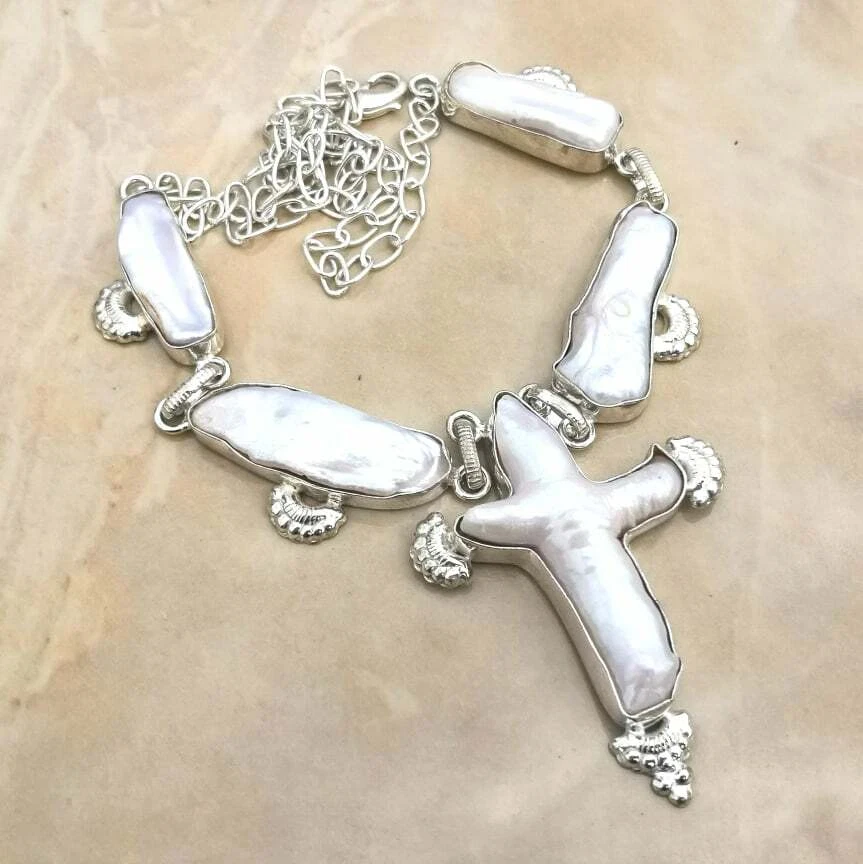 Handmade Raro Naturale Croce Biwa Perle 925 Argento Sterling Collana 21 " - Immagine 1 di 1