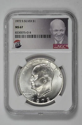 1972 S $1 Silver Eisenhower Dollar NGC MS 67 with Exclusive Label and New Holder - Image 1 of 2