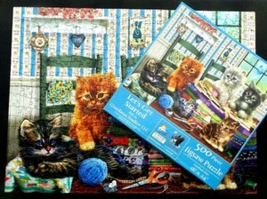 Sunsout Puzzle 500 Pieces KITTENS QUILTS YARN Lets Get Started Pre Owned FUN - Imagen 1 de 7