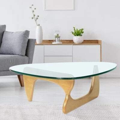 0.75" Coffee Table Triangle Glass Top Premium Solid Hardwood Base Natural Wood - Image 1 of 4