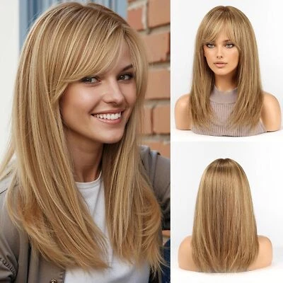Perucas de cabelo humano brasileiro reto loiro misto marrom Ombre para mulheres com franjas - Imagem 1 de 4