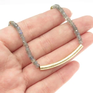 925 Sterling Silver Gold Plated Real Labradorite Beaded Bar Necklace 16-18" - Picture 1 of 9