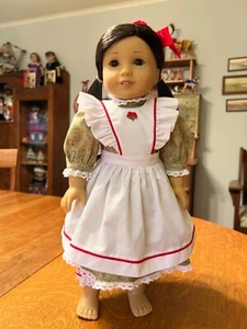 Holiday Dress for 18 Inch Dolls, Green Print Dress, White Pinafore, Bloomers - Picture 1 of 10