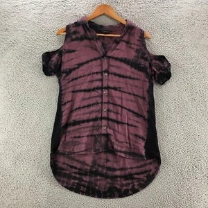 Rock & Republic Cold Shoulder Blouse Shirt Womens Small Puprle Tie Dye Button Up - Picture 1 of 12