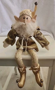 Primitive Weihnachtselfe Puppenregal Sitter Narr Gold Samt Bart Jingle Bells - Bild 1 von 9