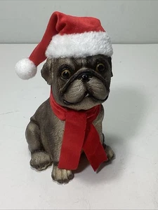 Weihnachten Mops Hund Statue sitzend Skulptur Figur Beton 6". Nikolausmütze & Schal - Bild 1 von 7