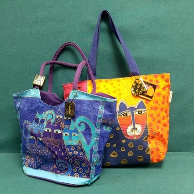 2 VTG Laurel Burch Colorful Big Cat Art Tote Bags  - Image 1 of 4