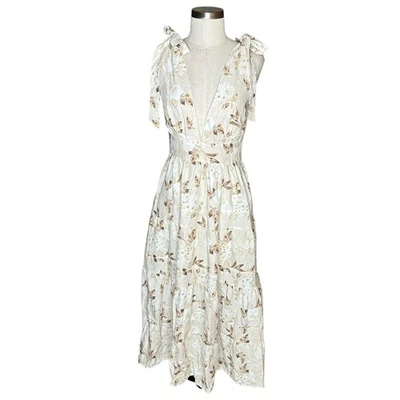 HOUSE OF HARLOW 1960 Tan Brown Cream Linen Tiered Midi Dress Floral Women's S - Image 1 of 4