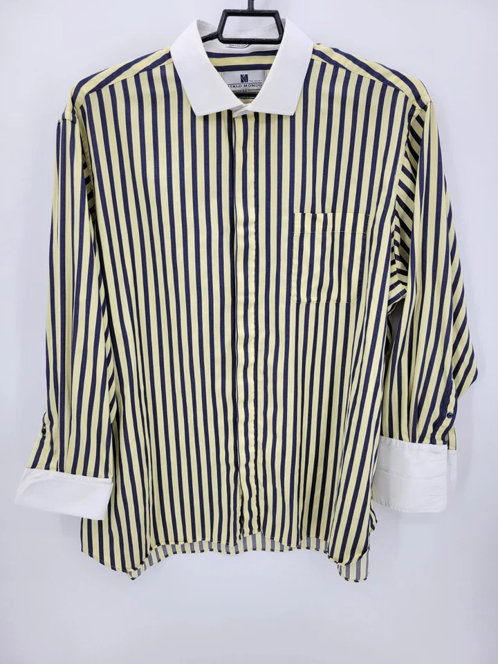 Italo Mondo 正装衬衫男式 Big 19 34/35 蓝色黄色条纹法式袖口棉 — 第 1/4 张图片