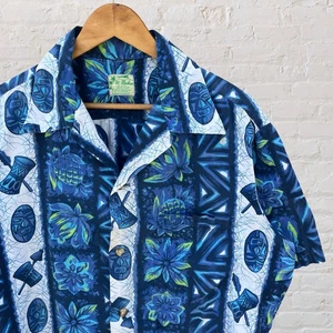 Camisa hawaiana vintage UI-MAIKAI Tiki Aloha tribal abotonada años 60 para hombre L/XL - Imagen 1 de 5