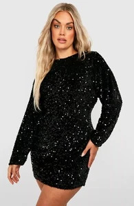 BNWT LOVELY BOOHOO PLUS SZ 22 BLACK VELVET SEQUIN MINI DRESS NEW CURVE RP £45 - Picture 1 of 8