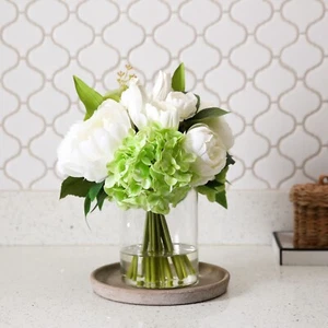 12" Artificial Peony Hydrangea and Tulip Arrangement in Glass Vase. Retail $94 - Picture 1 of 6