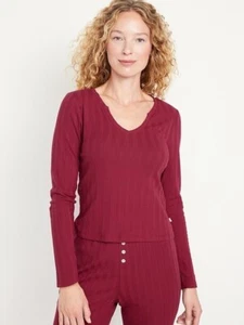 Old Navy Pointelle Knit Pajama Top V-Neck Long Sleeve Maroon Size Large NEW - Picture 1 of 6