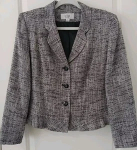 Vintage Le Suit 14P Black White Tweed Blazer Jacket Padded Shoulders Peplum - Picture 1 of 7