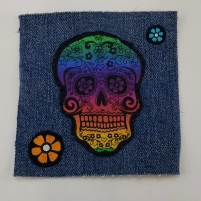 Sugar Skull Rainbow Colored Sew On Denim Patch Halloween Colorful - Image 1 of 4